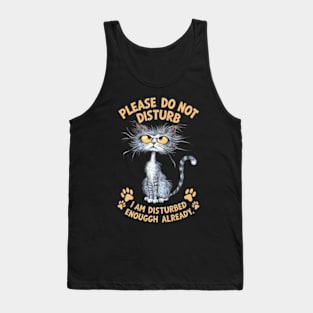 A whimsical cartoon drawing of a disheveled cat, with its fur sticking out in all directions and large yellow eyes showing irritation. (13) Tank Top